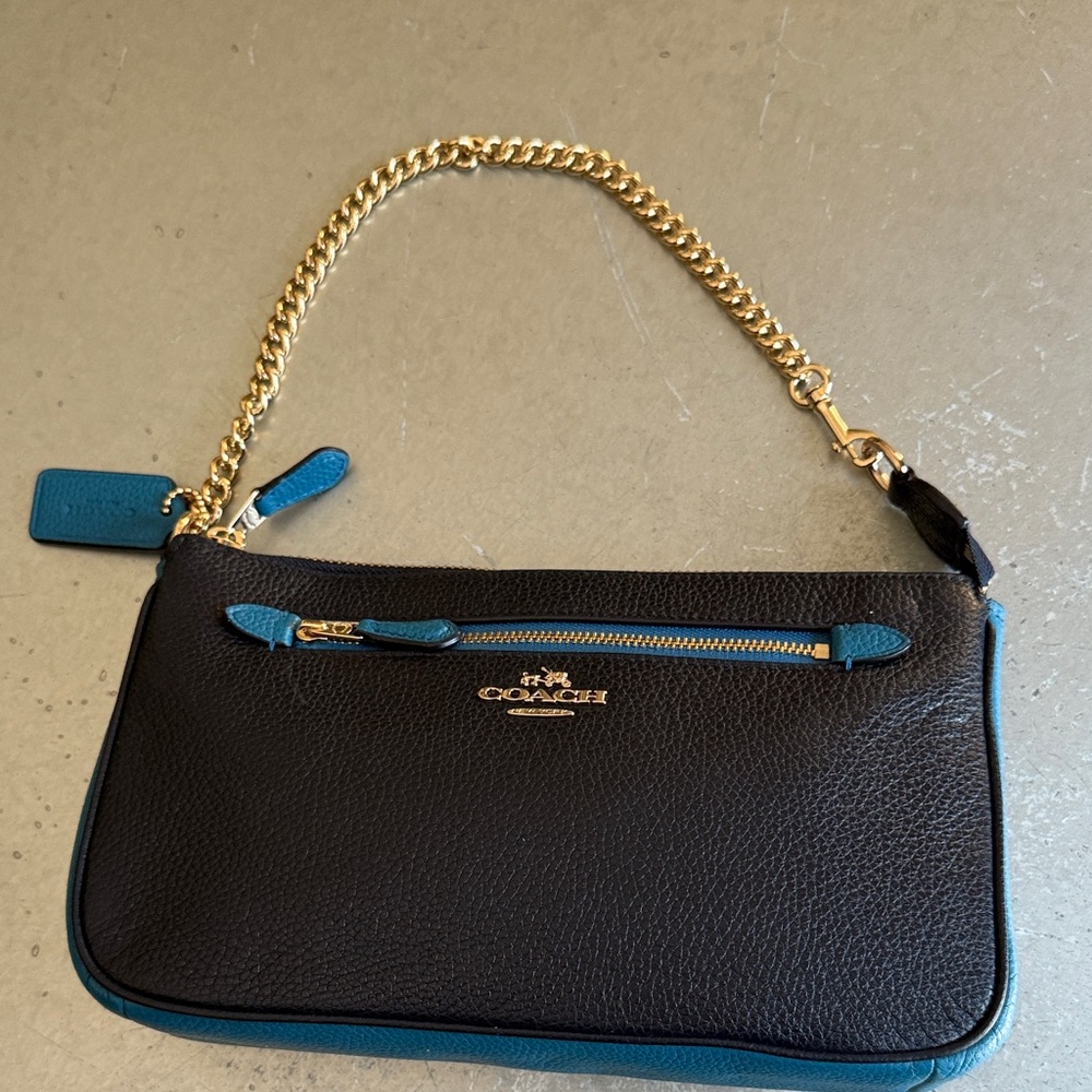 Coach Black and Blue Wristlet with Gold Chain